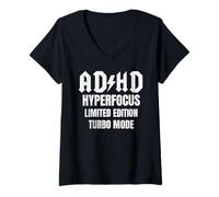 Donna ADHD Hyperfocus in Edizione Limitata Turbo Mode Distressed Maglietta con Collo a V