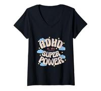 Donna ADHD Is My Super, Power Retro Rainbow Cloud Graphic Maglietta con Collo a V