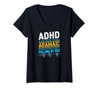 Donna ADHD Lettura Aramaico Glitch Testo Grafico Neurodiversità Maglietta con Collo a V