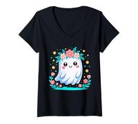 Donna Adorabile apparizione di Fantasmi Floreali Kawaii Halloween Maglietta con Collo a V