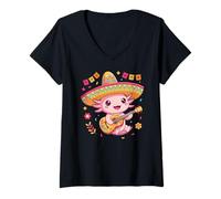 Donna Adorabile Axolotl Mariachi Fiesta Maglietta con Collo a V