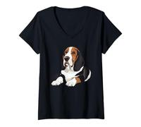 Donna Adorabile Basset Hound Seduto Maglietta con Collo a V