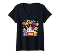 Donna Adorabile ciondolo a forma di gatto con cupcake e scritta in inglese "It's My Birthday" Maglietta con Collo a V