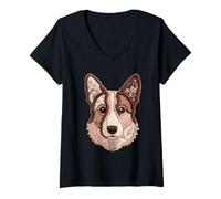 Donna Adorabile Corgi Patchwork Floreale Cane Boho Folk Art Graphic Maglietta con Collo a V