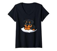 Donna Adorabile Cucciolo di Rottweiler Carino Cane Cartone Animato Maglietta con Collo a V