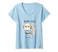 Donna Adorabile Design con Cane Shih Tzu per Amanti dei Cuccioli Maglietta con Collo a V