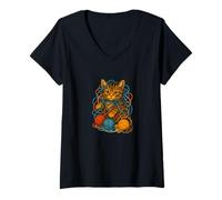 Donna Adorabile Gattino Che Gioca con Il Filato Divertente e Accogliente Design Maglietta con Collo a V