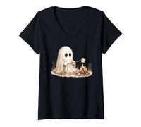 Donna Adorabile Ghost Roasting Marshmallow Falò Maglietta con Collo a V
