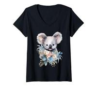 Donna Adorabile Koala ad Acquerello con Bouquet Floreale di eucalipto Maglietta con Collo a V