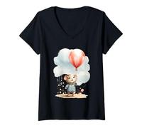 Donna Adorabile Mouse Palloncino Primavera Acquerelli e Pastelli Maglietta con Collo a V