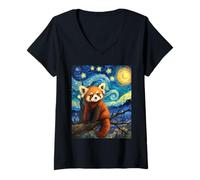 Donna Adorabile, rosso, panda Van Gogh, illustrazione stellata di notte Maglietta con Collo a V