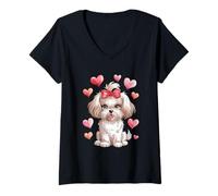 Donna Adorable Fluffy Puppy with Pink Bow Cartoon Animal Lovers Maglietta con Collo a V