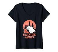 Donna Adventure Awaits Camper Camp Camping Vacanze estive Vacanze Maglietta con Collo a V