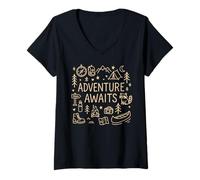 Donna Adventure Awaits, Funny Doodle Graphic Camping Travelling Maglietta con Collo a V