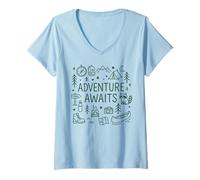 Donna Adventure Awaits, Funny Doodle Graphic Camping Viaggi Maglietta con Collo a V
