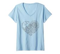 Donna Adventure Awaits Outdoor Natura Escursione Montagna Viaggi Cuore Maglietta con Collo a V