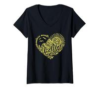 Donna Adventure Awaits Outdoor Natura Escursione Montagna Viaggi Cuore Maglietta con Collo a V