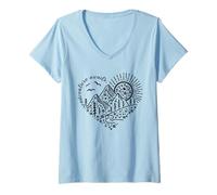 Donna Adventure Awaits Outdoor Natura Escursione Montagna Viaggi Cuore Maglietta con Collo a V