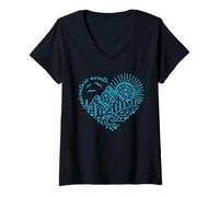 Donna Adventure Awaits Outdoor Natura Escursione Montagna Viaggi Cuore Maglietta con Collo a V