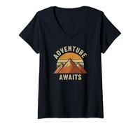 Donna Adventure, Awaits Retro Mountains Sunset Outdoors Explore Maglietta con Collo a V
