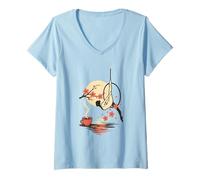 Donna Aerial Hoop Girl Cherry Blossoms Moon And Coffee Art Maglietta con Collo a V