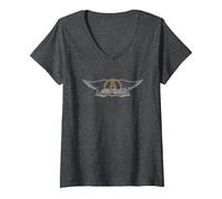 Donna Aerosmith - Logo Ali Vintage Maglietta con Collo a V, Grigio Scuro, XL