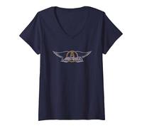 Donna Aerosmith - Logo Ali Vintage Maglietta con Collo a V, Navy, XXL