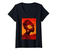 Donna Africa, Tramonto, Silhouette, Africano, Safari, Tradizione, Savana Maglietta con Collo a V