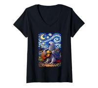 Donna African Parrot Playing Guitar Whimsical Art Music Camping Maglietta con Collo a V