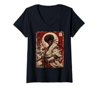 Donna African Samurai Japanese Warrior Anime Katana Ronin Maglietta con Collo a V