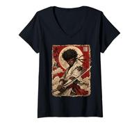 Donna African Samurai Japanese Warrior Anime Katana Ronin Maglietta con Collo a V