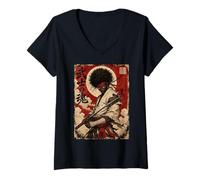 Donna African Samurai Japanese Warrior Anime Katana Ronin Maglietta con Collo a V