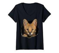 Donna Africano Serval Breaking Through Torn Hole Wild Cat Graphic Maglietta con Collo a V