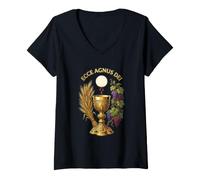 Donna Agnus dei Sanctus Tradizionale Latina Messa Cattolica Maglietta con Collo a V
