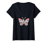 Donna Aila Butterfly - Personalizzato Carino Nome Word Art Maglietta con Collo a V