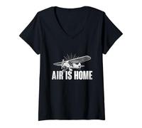 Donna Air Is Home Aereo Vola Aviazione Volare Aereo Appassionato Maglietta con Collo a V