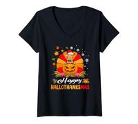 Donna Airedale Terrier Dog Hallothanksmas Halloween Fall Christmas Maglietta con Collo a V