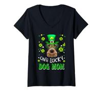 Donna Airedale Terrier One Lucky Dog Mom Funny St Patrick's Day Maglietta con Collo a V