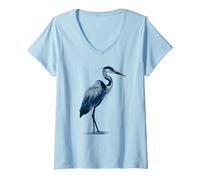 Donna Airone Blu Bird Watching Maglietta con Collo a V