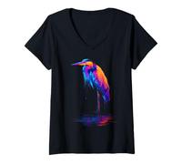 Donna Airone Blu Bird Watching Maglietta con Collo a V