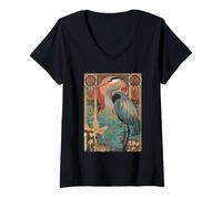 Donna Airone con Tramonto e Floreale Art Nouveau Gru Bird Maglietta con Collo a V