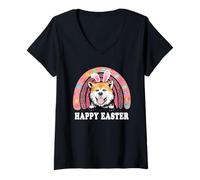 Donna Akita Inu Dog Easter Bunny Eggs Hunting Boho Rainbow Maglietta con Collo a V