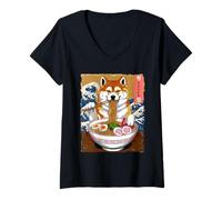 Donna Akita Inu Mangiare Ramen Noodles Ocean Waves Arte giapponese Maglietta con Collo a V
