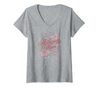 Donna Alabama Mom Cursive Red Floral Design Cute Maglietta con Collo a V