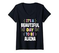 Donna Alaina Personalized Name Beautiful Day Alaina Maglietta con Collo a V