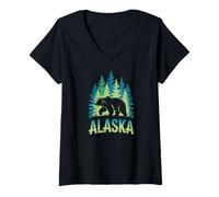 Donna Alaska Bear Graphic - Souvenir di Viaggio nella Foresta Selvaggia Maglietta con Collo a V