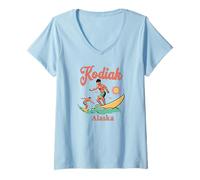 Donna Alaska Kodiak AK Surfer Surf Spiaggia Pesca Vacanza Maglietta con Collo a V
