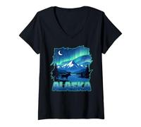 Donna Alaska Lights Aurora Borealis Visualizzazione delle Vacanze in Alaska Maglietta con Collo a V