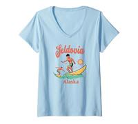 Donna Alaska Seldovia AK Surfer Surf Spiaggia Pesca Vacanza Maglietta con Collo a V