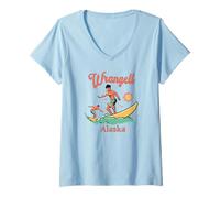 Donna Alaska Wrangell AK Surfer Surf Spiaggia Pesca Vacanza Maglietta con Collo a V